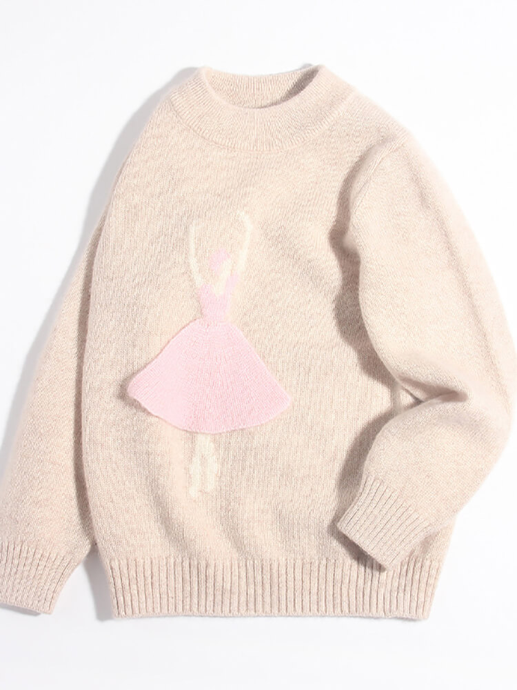 (image for) Girls Beige Knit 3D Pink Ballerina Cashmere Pullover Sweater
